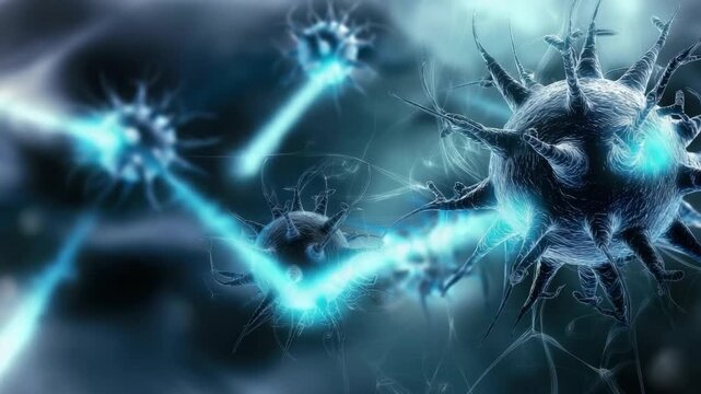 Pulsating microscopic viruses in motion with electric blue energy connections