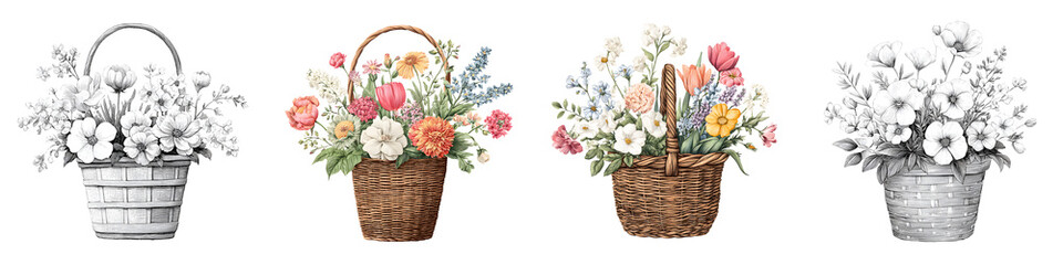 Obraz premium Watercolor Flower Baskets Set - Vintage Floral Arrangement