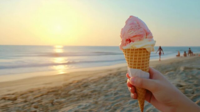 Hand holding ice cream cone at sunset beach capturing tranquil coastal vibes