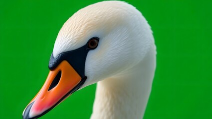 Close up shot of a white swan head and neck with a bright green background in a portrait style