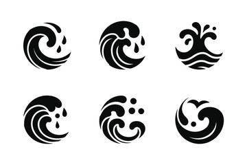 Black and white wave icons set of various ocean wave vector isolated on white background