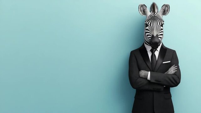 Businessman with zebra head stands against blue background, crosses arms, and strikes a confident pose