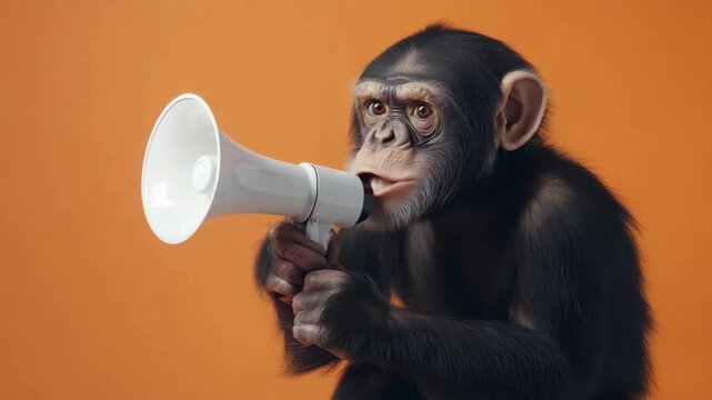 Curious chimp communicates with megaphone on vibrant orange background