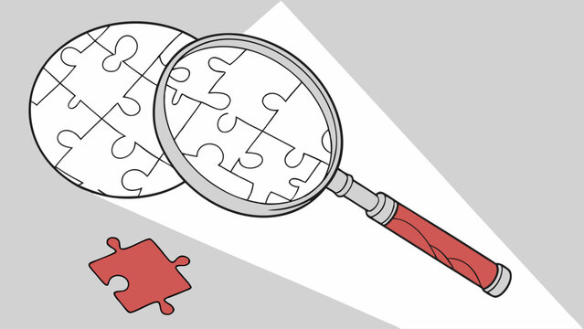 Magnifying Glass Examining Jigsaw Puzzle Pieces with a Red Piece Nearby.