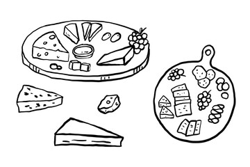 Appetisers doodle drawings set. Cheese on plate. Slow living concept, illustrations, charcuterie