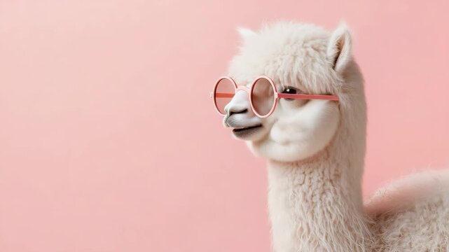 Playful llama blowing bubblegum balloon against pink background with sunglasses