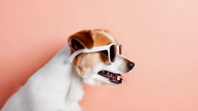 Playful dog with sunglasses posing against peach background