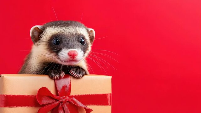 Curious ferret peeking over gift box with red bow on vibrant red background