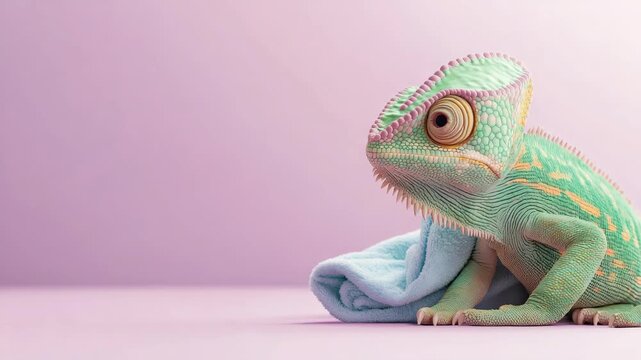 Vibrant chameleon resting with blanket on soft pink background