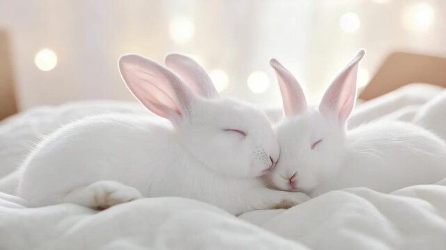 Cozy white rabbits snuggling in soft light with gentle movements
