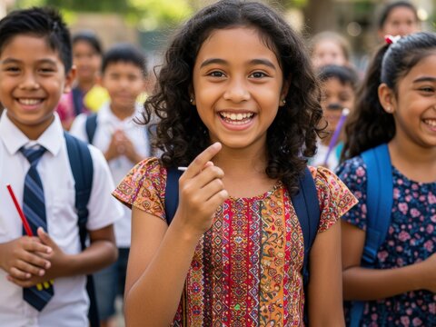 A diverse group of happy schoolchildren, with a smiling girl in the foreground pointing a finger, all ready for school with backpacks.
