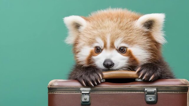Curious red panda exploring with suitcase against green background