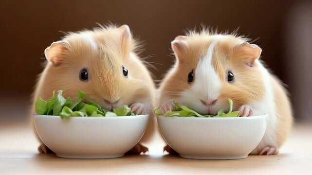 Adorable guinea pigs sharing fresh greens in a cozy setting