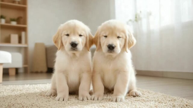 Playful golden retriever puppies sitting together in a cozy living room setting