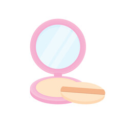 Face powder with a round mirror. Cosmetics. Makeup application concept.