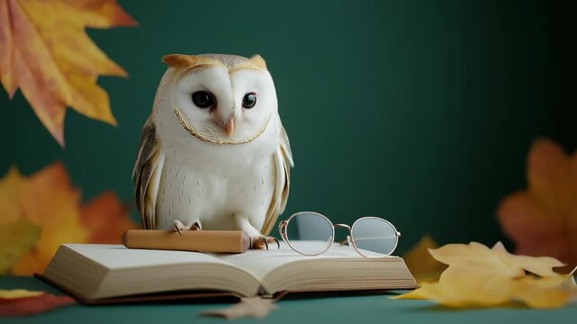 Curious owl observes autumn leaves in cozy study setting
