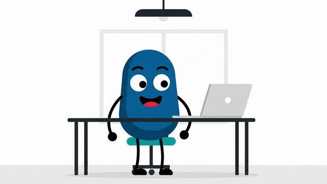 Animated character's journey from frustration to productivity and success in office environment