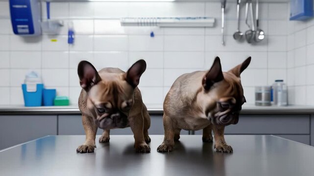 Curious french bulldogs on examination table in veterinary clinic