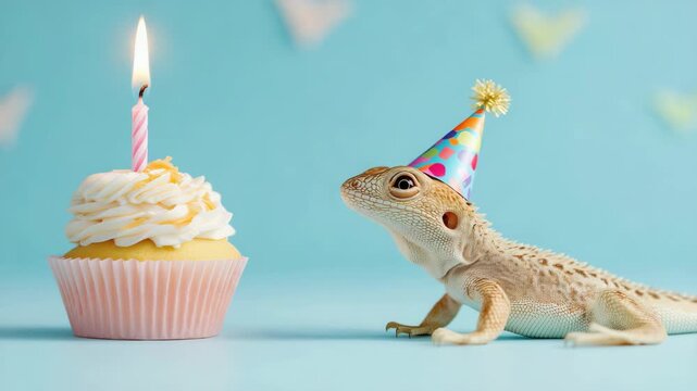 Bearded dragon celebrating with birthday cupcake and candle in festive hat