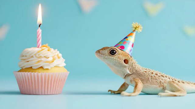 Curious lizard examines birthday cupcake with candle in festive hat