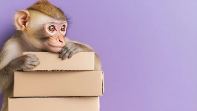 Curious monkey peeking over boxes against a purple background