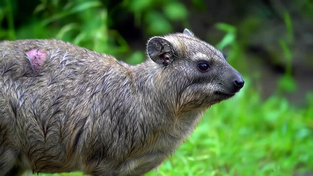 African Rock Hyrax in lush green habitat, close-up with visible dorsal scent gland on its back
