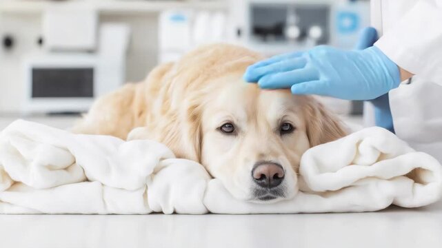 Calm dog relaxed as vet gently examines in veterinary clinic setting