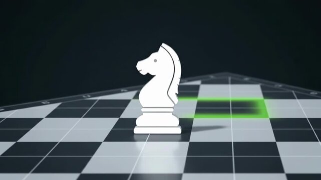 Knight's gambit: chess piece moving on digital chessboard with illuminated pathway