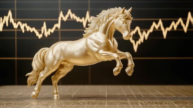 Dynamic golden horse sculpture leaping against graph background in timelapse sequence