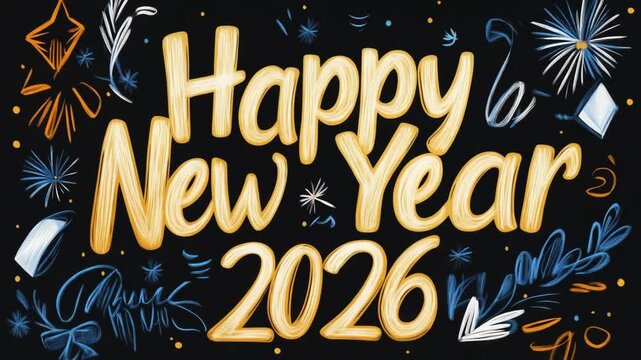 Festive celebration with fireworks and "happy new year 2026" design animation