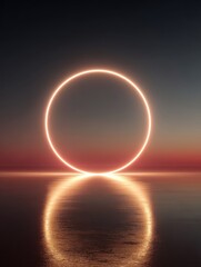 Obraz premium Ethereal neon ring reflection glows mysteriously over calm water at dusk