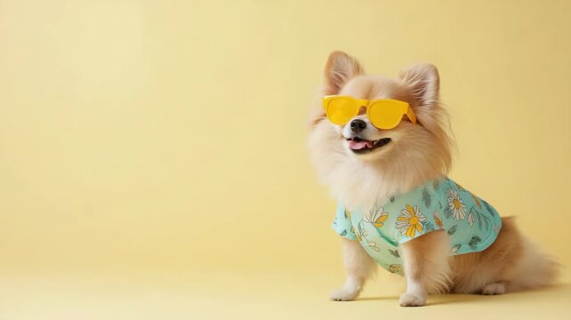 Cheerful dog in sunglasses and shirt exhibiting playful expression against a yellow background