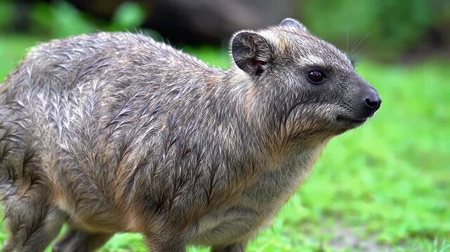 Cute Hyrax Standing Alert in Lush Green Natural Habitat