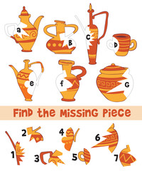 Find the Missing Piece. Fix the Amphora. Ancient pottery puzzle for kids: match each missing piece to the correct amphora or jug. A fun visual activity to develop attention and observation skills.