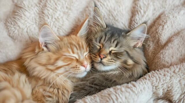 Cozy feline companionship: cats snuggle in tranquil comfort on soft blanket