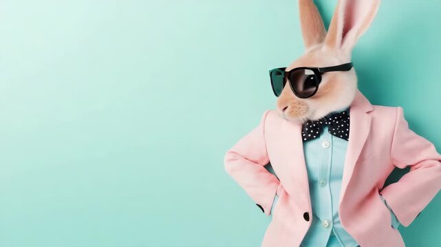 Cool rabbit in sunglasses strikes a confident pose against a pastel background