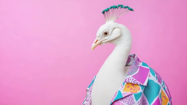 Stylish white peacock in colorful shirt against pink background