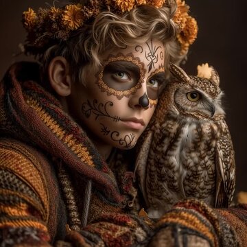 Young boy Catrin male hugging his restless owl very closely, while petals and flowers fall, he wears warm clothing, facial makeup and floral decoration on his head, autumnal tones, Day of the Dead