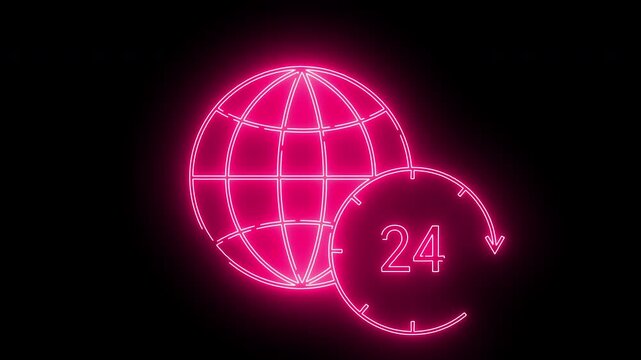 24 hour icon and globe icon with neon effect - Powered by Adobe