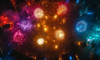 Fototapeta premium Aerial drone photograph capturing a breathtaking top view of vibrant fireworks exploding in a night sky, showcasing a spectacular array of colors. This visual represents celebration, Generative AI