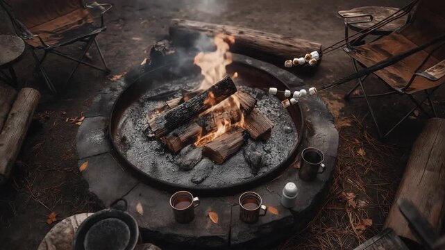 Cozy campfire with burning flames and marshmallows roasting in outdoor setting at dusk