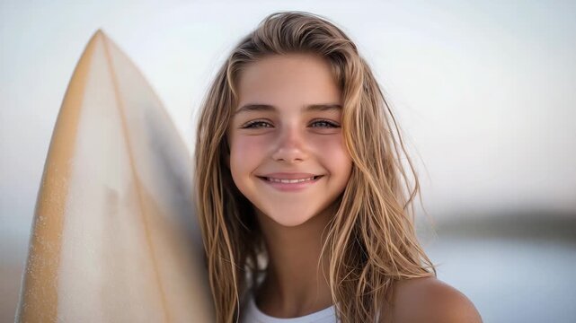 Young surfer girl smiling on beach with surfboard under sunset glow