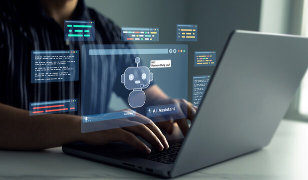 Interaction with the Ai assistant to solve some tasks more easily. Image generator, documents, marketing and advertising, bot writing and coding.Person using laptop with Ai Content Generator.