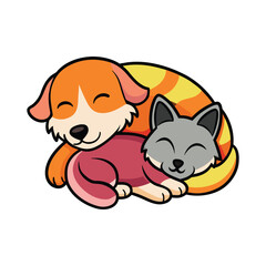 Cute cartoon dog and cat sleeping together peacefully isolated on white background