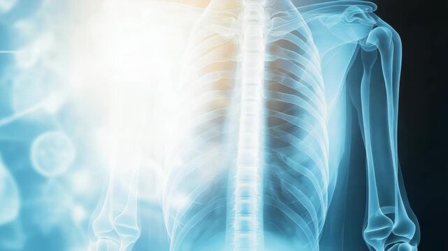 Glowing human chest xray with dynamic light effects and abstract background