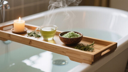 Spa wellness photography featuring wooden bathtub tray with steaming herbal tea, matcha infused bath salts and flickering candlelight