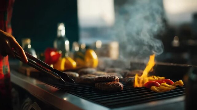 Grilling burgers with tongs: juicy patties and sizzling vegetables over open flame