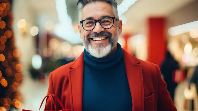 Festive shopping ambiance featuring joyful individuals holding vibrant red shopping bags against holiday-decorated mall interiors. Elderly old cheerful man with gray hair. zoom in, zoom out, pan, or