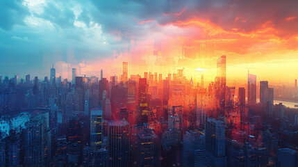 Fototapeta premium Aerial view of New York City skyline at sunset, vibrant colors, dramatic clouds.