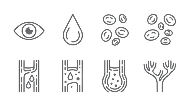 Medical illustration showcasing glaucoma with eye drop blood cells and vessels in a simple minimalistic icon format on white background